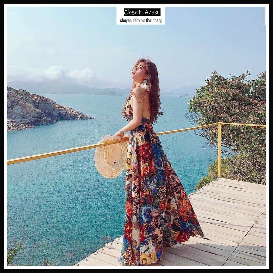 [ẢNH THẬT + VIDEO] đầm maxi dài cổ yếm họa tiết thổ cẩm đi biển (kèm mút ngực) đầm nữ dáng dài du lịch hở lưng sexy