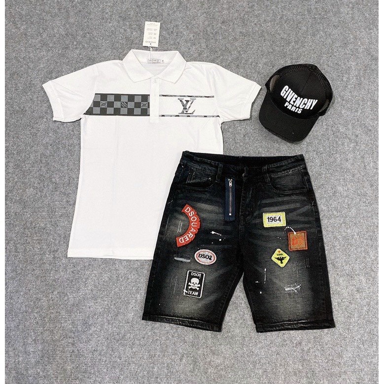 Quần short jean nam màu xám đậm thêu logo phối dây kéo vải dày dặn co giãn bốn chiều cao cấp giá rẻ form regular 1258