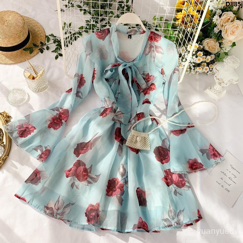 Đầm Tay Loe Phối Bèo Họa Tiết Hoa Hồng Xinh Xắn Ngọt Ngào Cho Nữ | BigBuy360 - bigbuy360.vn