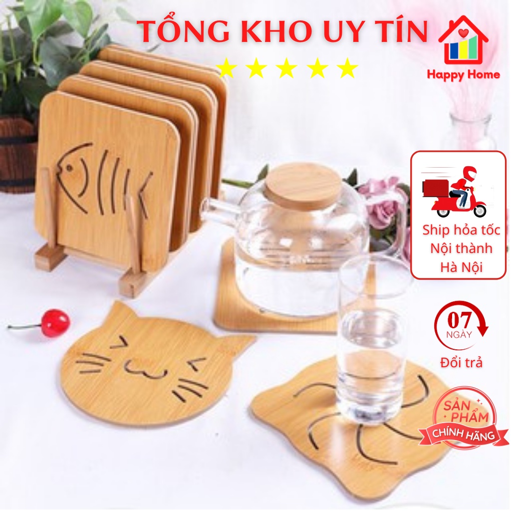 Miếng lót cốc, miếng lót nồi bằng gỗ dễ thương cách nhiệt tiện dụng Happy Home