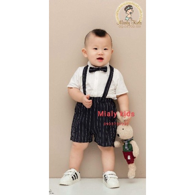 Set yếm đen và áo sơ mi trắng cotton Mialy Kids bảnh bao cho bé trai (6-19 kg) - Vải mềm mịn, thoáng mát