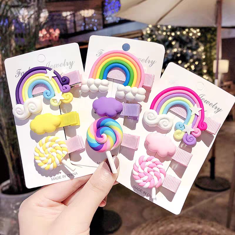 Set 3 kẹp tóc cầu vồng kẹo mút xinh xắn dễ thương