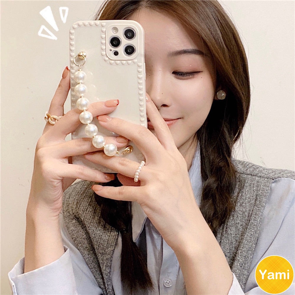 Ốp điện thoại TPU dẻo có dây đeo đính ngọc trai trắng cao cấp dành cho Iphone 13 11 pro max x xr 8 7 plus | BigBuy360 - bigbuy360.vn
