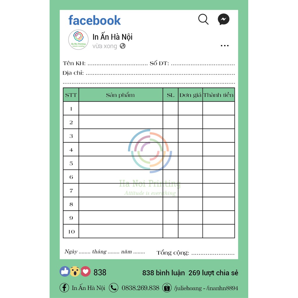 Hóa Đơn Bán Hàng In Theo Yêu Cầu Form Instagram/Facebook