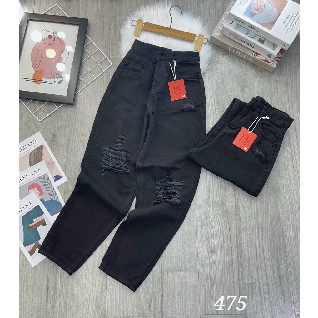 QUẦN BAGGY JEANS NỮ LƯNG CAO RÁCH 2 MẢNG VUÔNG TO LỆCH GỐI MÀU ĐEN CAO CẤP HADI PHÁ CÁCH MỌI PHONG THÁI THỜI TRANG