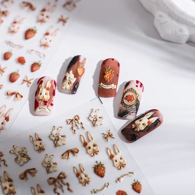 Miếng Dán Trang Trí Móng Tay Họa Tiết Thỏ Dập Nổi 5D Phong Cách Retro