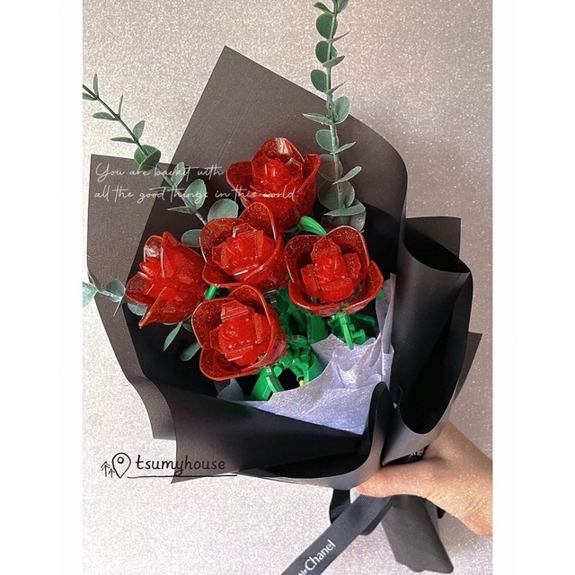 Đồ chơi xếp hình lắp ráp Bó Hoa Hồng Đỏ lấp lánh kèm giấy gói và đèn led Decool tặng người yêu bạn bè siêu xinh