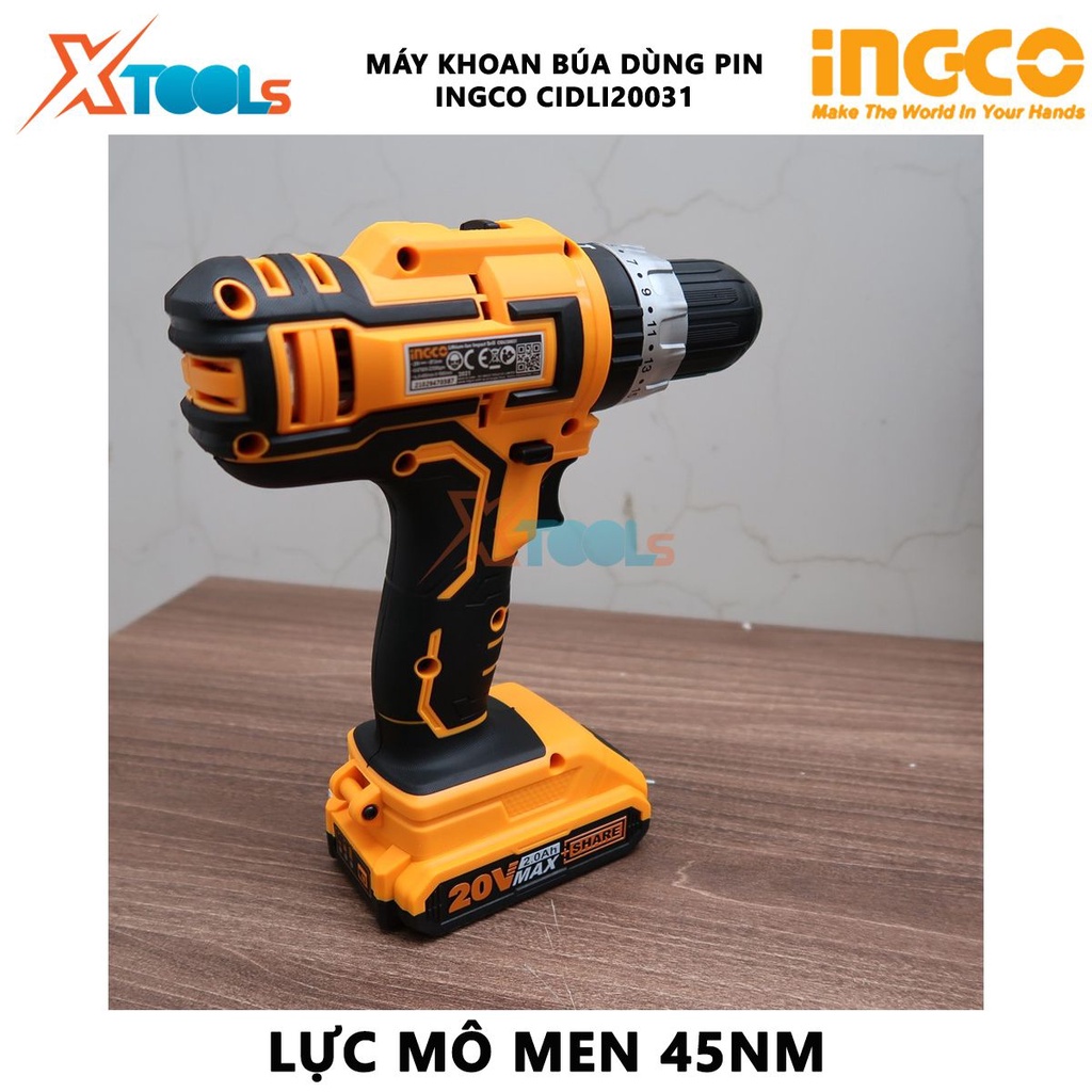 Máy khoan bê tông dùng pin 20V Ingco CIDLI20031 hai tốc độ 450-1900v/p, tốc độ đập 22500bmp, khả năng khoan 2.0-13mm, đầ