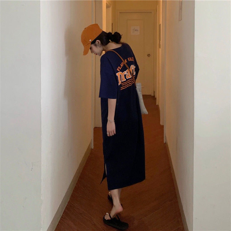 Jiashucheng Áo Thun Tay Ngắn Dáng Dài Qua Gối Phong Cách Hong Kong Thời Trang Mùa Hè