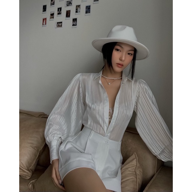 Áo sơmi lụa kim tuyến 2 màu trắng-xanh | BigBuy360 - bigbuy360.vn