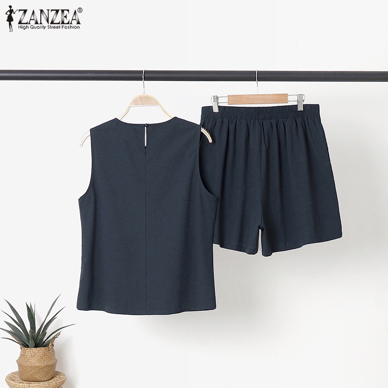 Zanzea Set Áo 2 Dây + Quần Short Trơn Màu Thời Trang Dành Cho Nữ