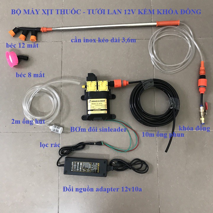 bơm xịt thuốc, tưới lan 12v, phun thuốc -máy bơm xịt thuốc van khóa nước đồng