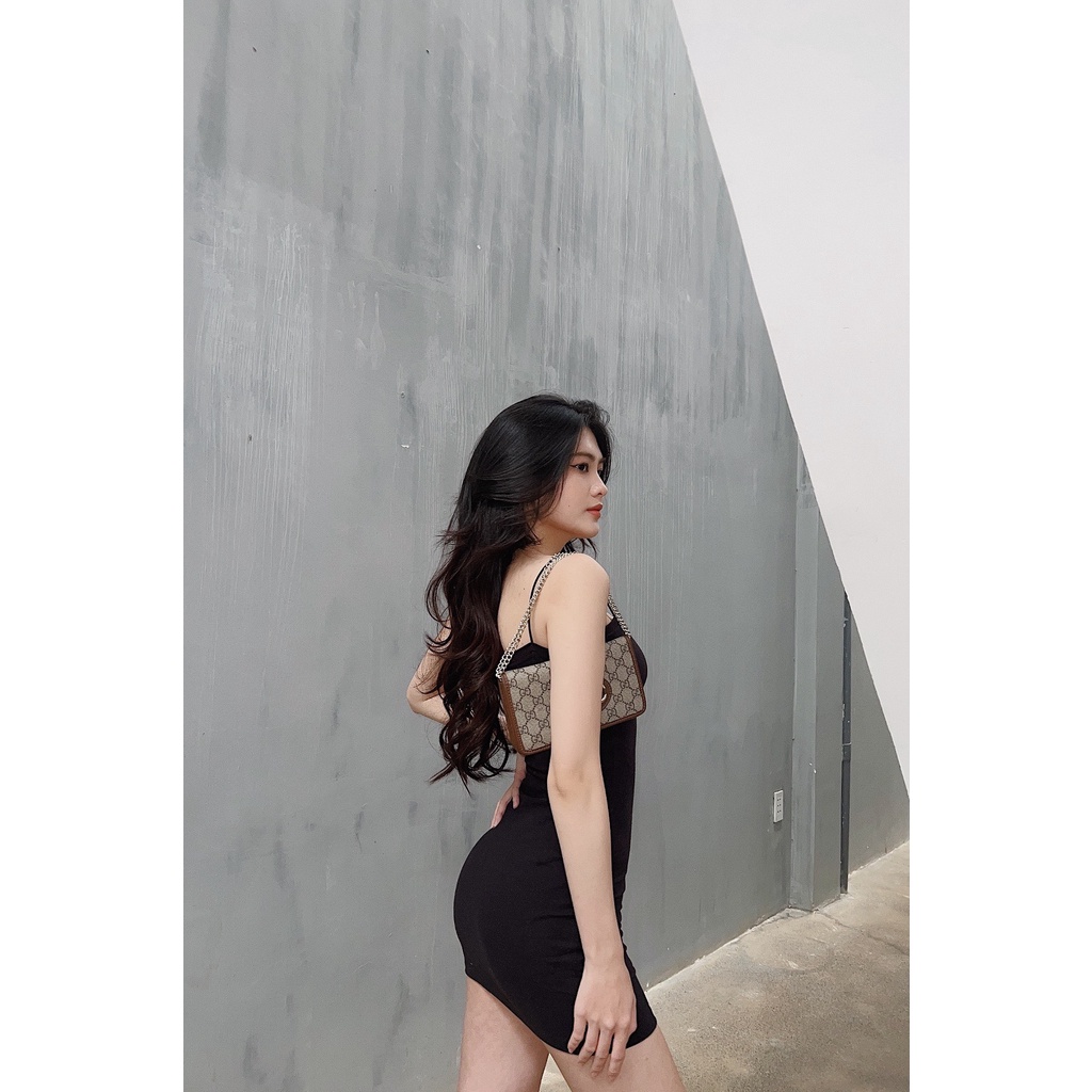 Đầm body nữ hai dây HHVINTAGE kiểu màu trơn thun co giãn Dress A79
