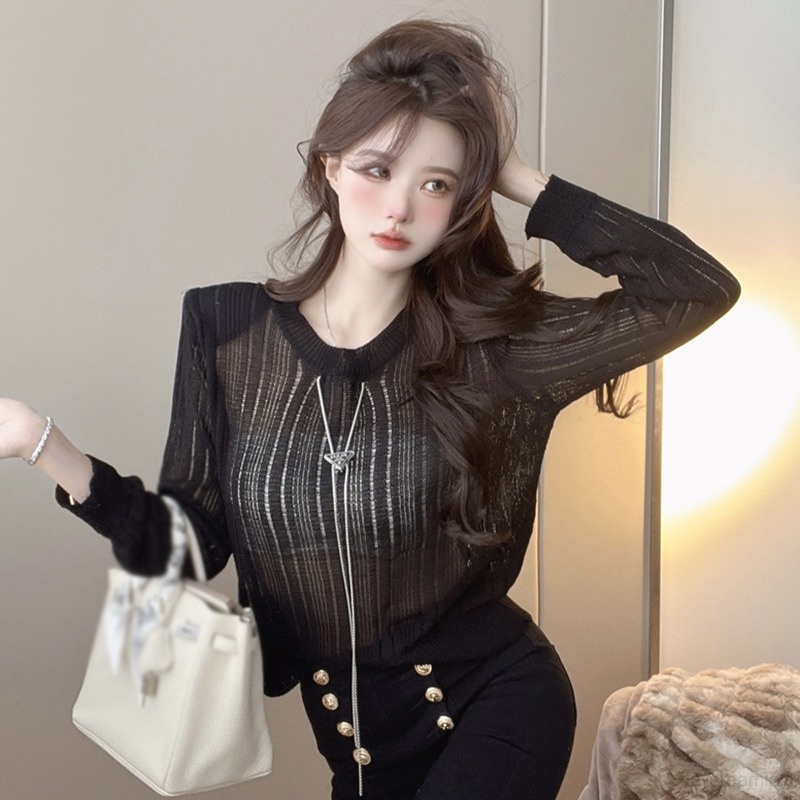 Áo Sweater Dệt Kim Mỏng Tay Dài Dáng Rộng Thiết Kế Khoét Rỗng Thời Trang Cho Nữ