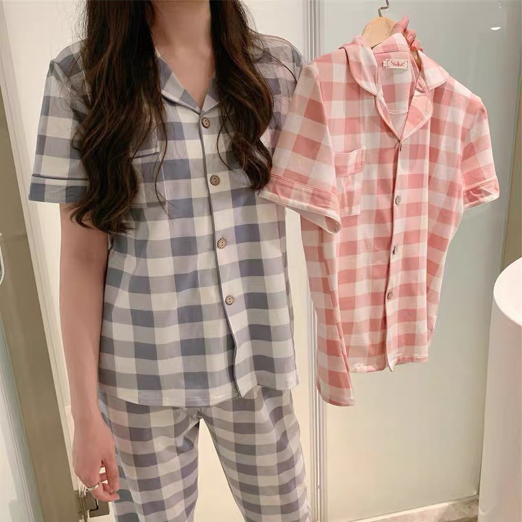 Đồ mặc nhà, đồ ngủ, pyjama caro xanh, hồng