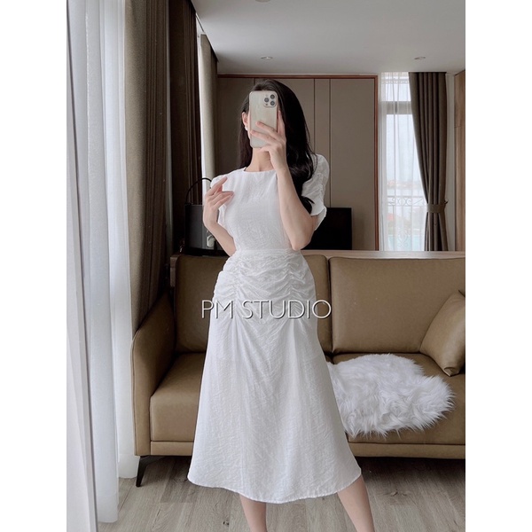 Váy rúm eo tay phồng cổ tròn xinh