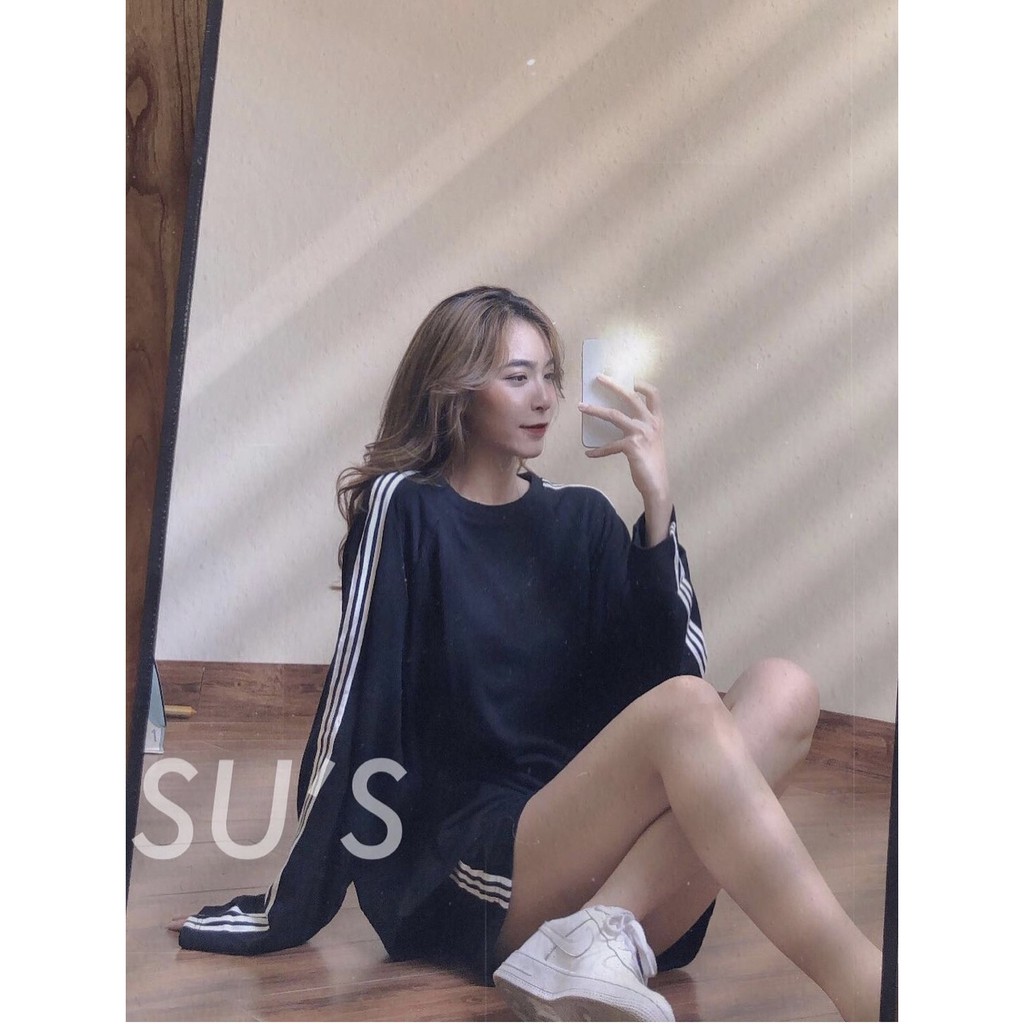 Set Nữ Short Áo Dài Tay 3 Sọc ⚡ Casper.Store | FREESHIP | ⚡ Set quần suông áo thun form rộng, kiểu dáng cá tính