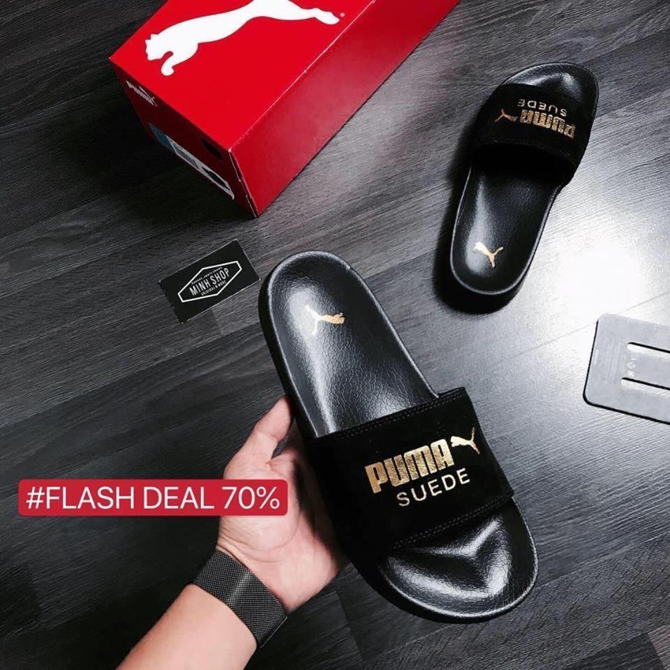 Dép Puma_Suede Leadcat Sandals đen chữ vàng 11356