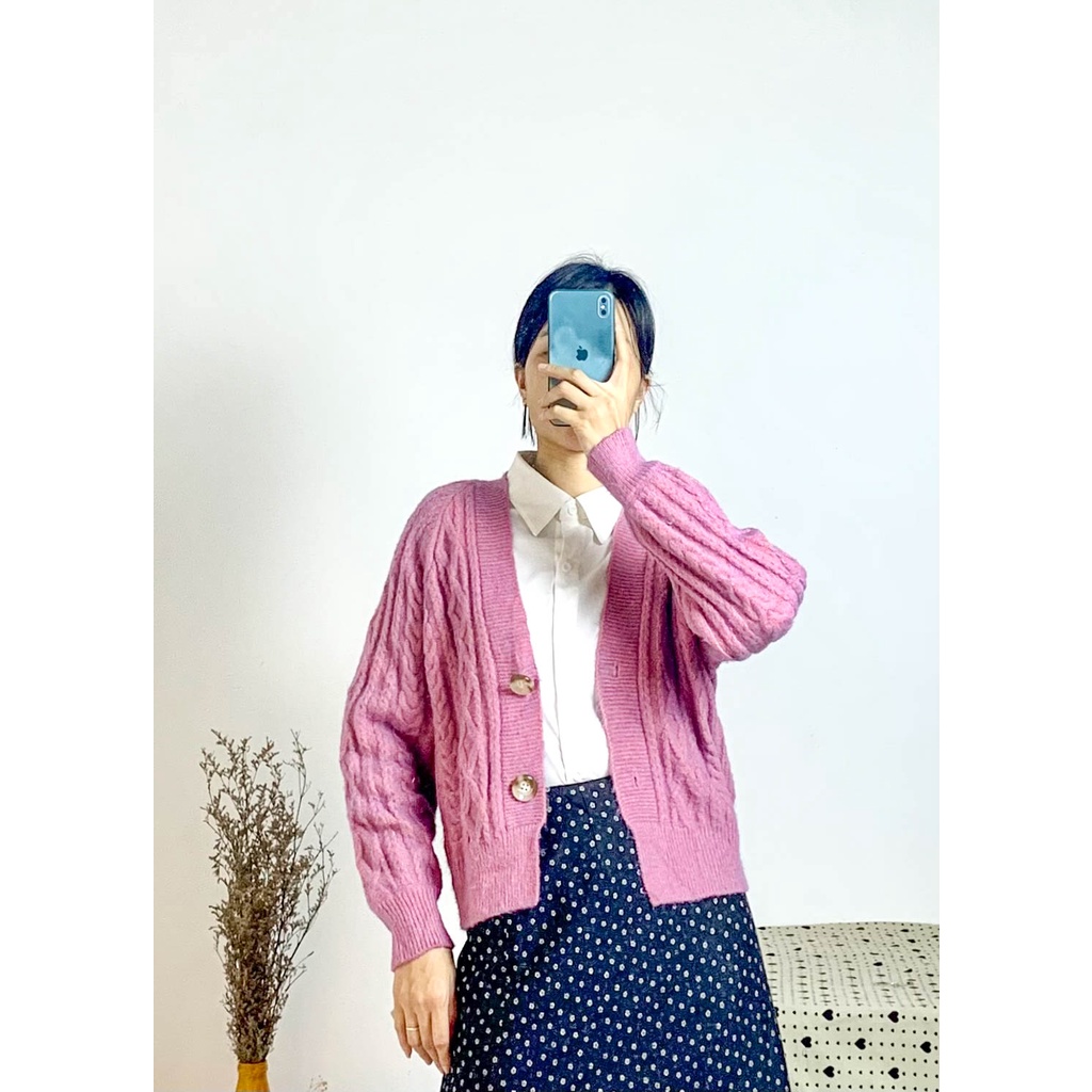 Áo len thừng dáng cardigan, size M, màu hồng vỏ đỗ