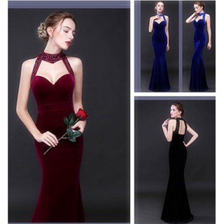 Đầm Nhung Dạ Hội Cột Dây Cổ Yếm Quyến Rũ