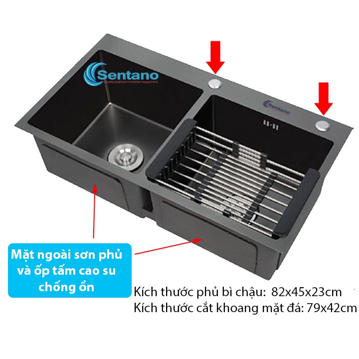 Chậu rửa chén SENTANO 2 ngăn KT 82x45 cân phủ nano đen chống trầy xước ( bồn châu + bộ xả + rổ inox )