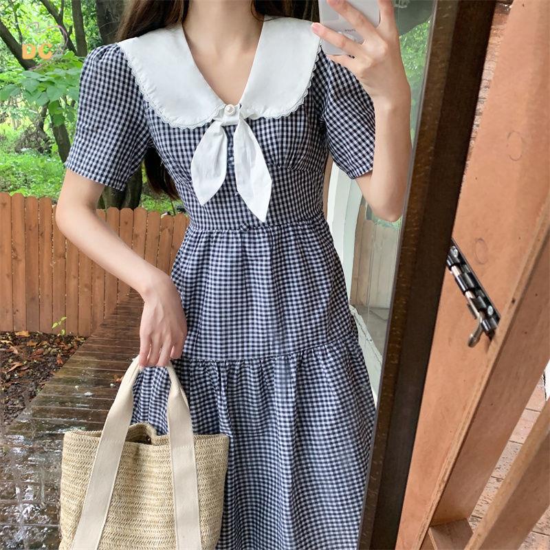 Váy babydoll Đầm Dài Cổ Búp Bê Họa Tiết Sọc Caro Trắng Đen Phong Cách Preppy Cao Cấp