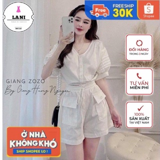 🔝 Set bộ áo croptop tay bồng li khuy giữa mix quần sooc túi hộp siêu đẹp ⚡FREESHIP⚡