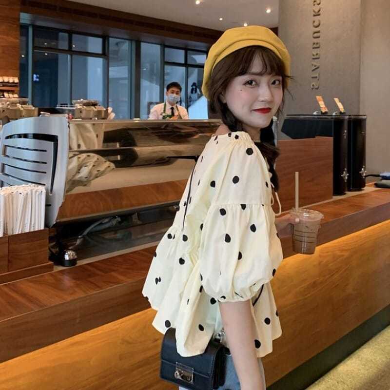 Áo Sơ Mi Tay Ngắn Dáng Rộng Họa Tiết Chấm Bi Thời Trang Cho Nữ JL-TX-183