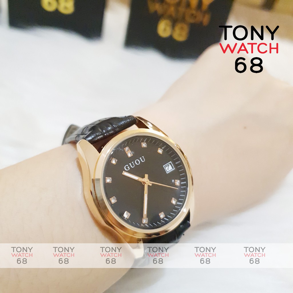 Đồng hồ Guou đẹp dây da đen mặt số ngọc viền mạ vàng chính hãng chống nước | BigBuy360 - bigbuy360.vn