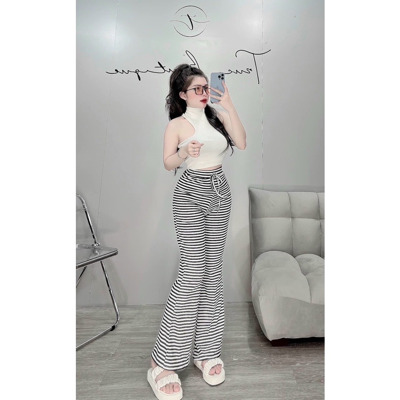 Sét bộ áo 3 lỗ cổ cao khoét vai phối quần thun ống loe sọc cực hot , chất thun coton mềm mát mk
