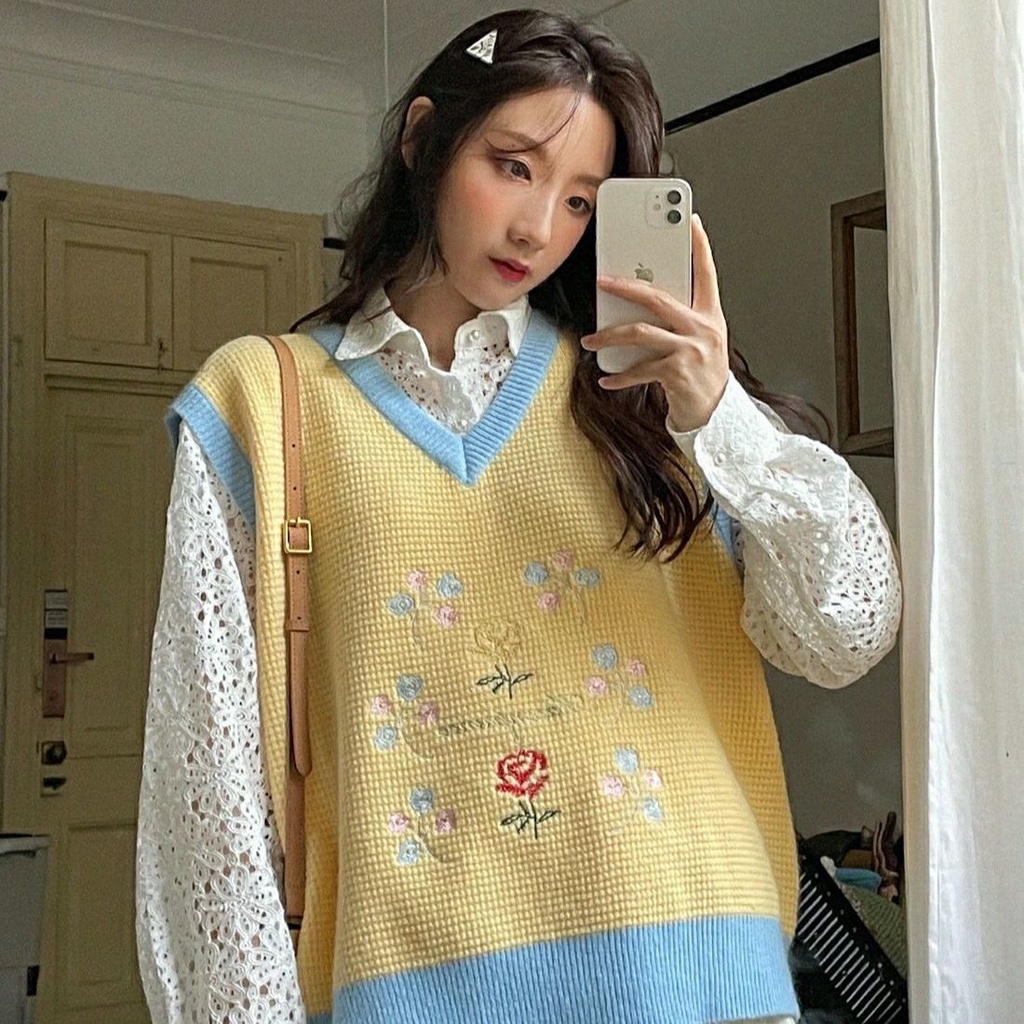 Áo dệt kim không tay thêu hoa phong cách cổ điển thời trang mới