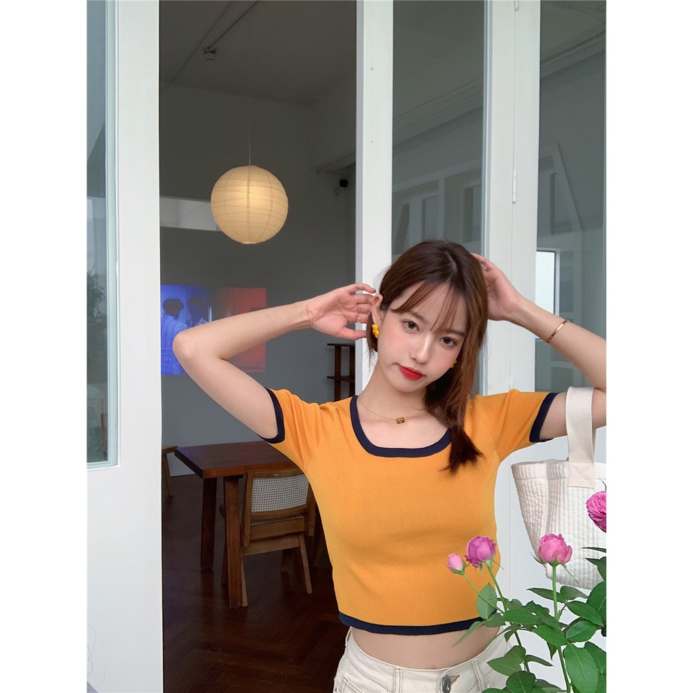 Áo thun nữ ZHELIHANGFEI tay ngắn phối màu trơn thời trang