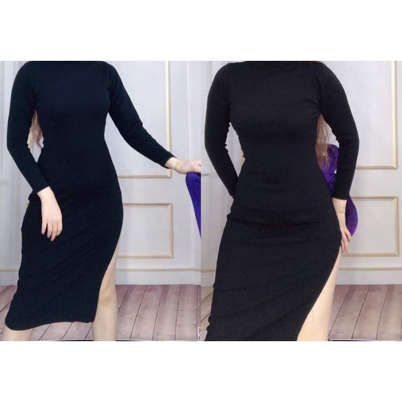 Đầm body nữ xẻ đùi cổ tròn dài tay form dài chất thun dày dặn co giãn, váy ôm cổ kín body nữ xinh MIDORI247