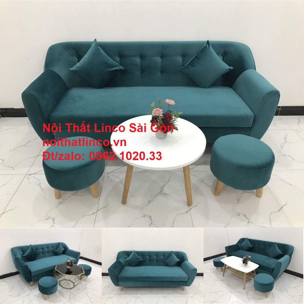 Bộ bàn ghế salon văng xanh lá cây đậm | sopha băng vải nhung giá rẻ phòng khách | Nội thất Linco Sài Gòn HCM