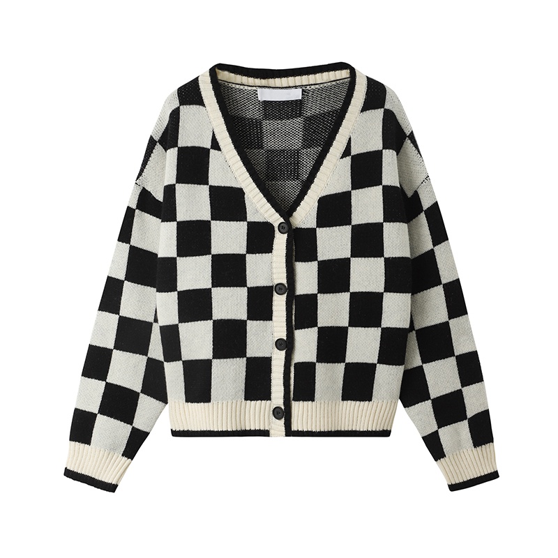 NUZIRO Áo khoác cardigan  dệt kim cổ chữ V dáng rộng họa tiết caro thời trang dành cho nữ
