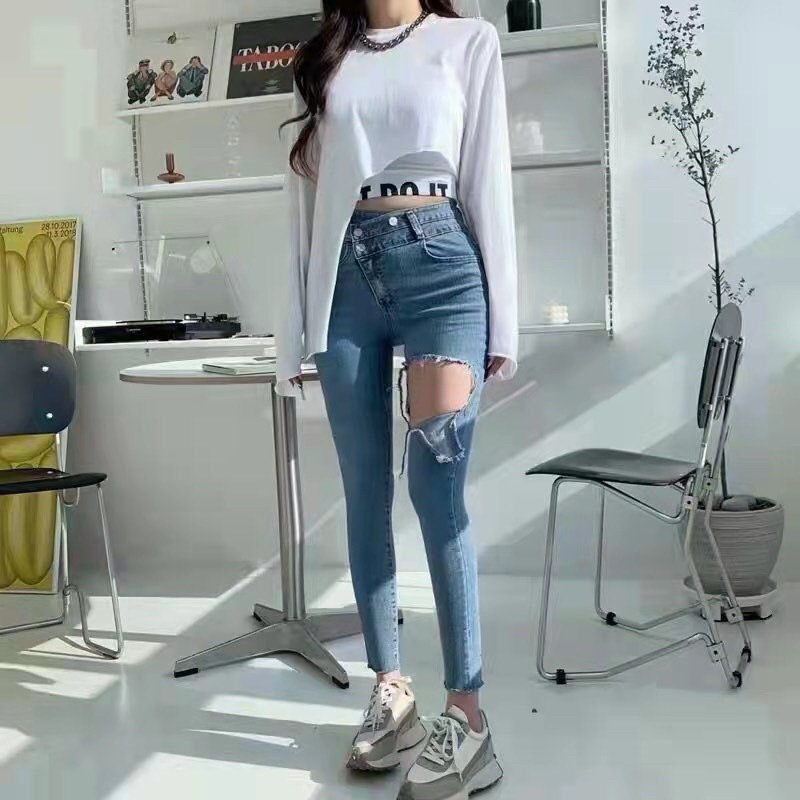 ( Ảnh thật ) Q1023 Quần jean rách đùi khoá lệch