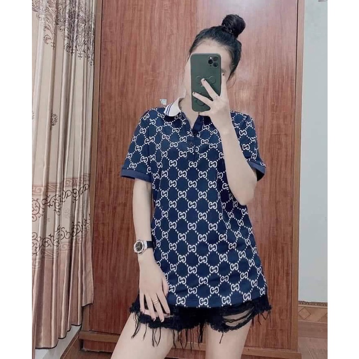 Áo Polo Nam Nữ Họa Tiết Vân ổi GG, Áo Phông Polo Nam Nữ Cổ Bẻ From Rộng Cotton Cao Cấp