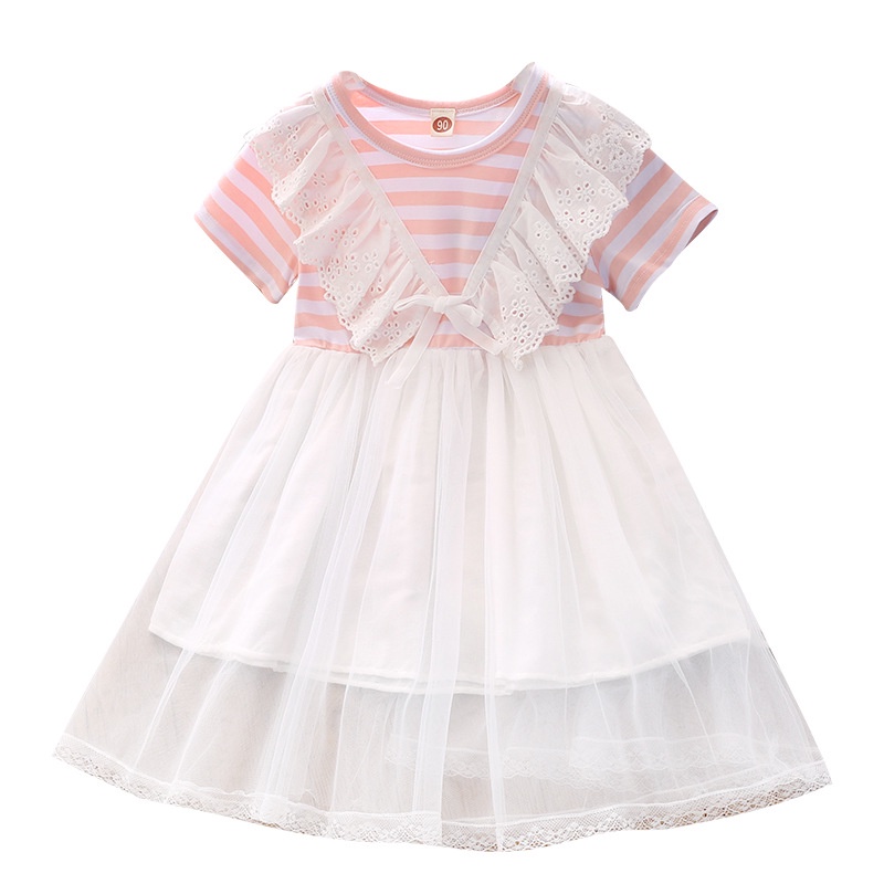 Đầm Chữ A Tay Ngắn Phối Lưới Họa Tiết Kẻ Sọc Thời Trang Mùa Hè Mới Cho Bé Gái