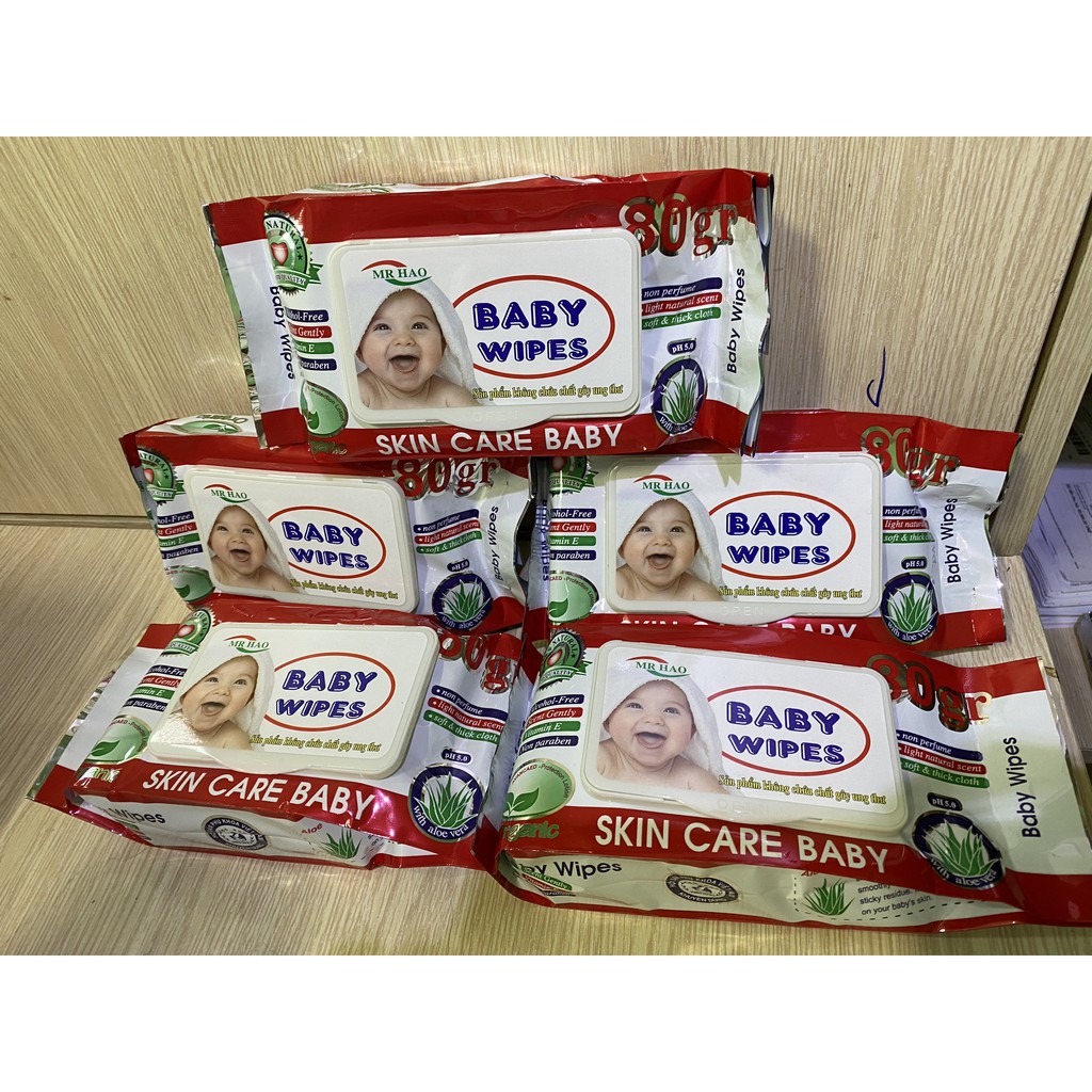 Bộ 5 khăn ướt Baby Wipes 80 tờ kháng khuẩn dịu nhẹ cho da bé