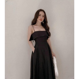 ĐẦM MIDI ĐEN 2 DÂY XẾP LI XOÈ CÚP NGỰC
