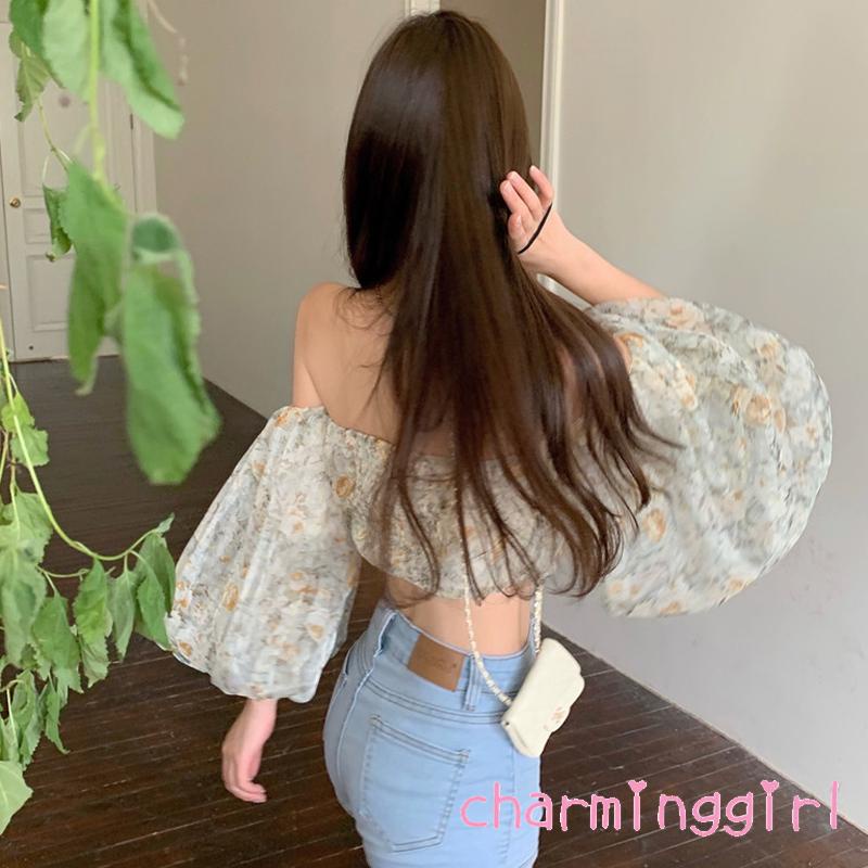 Áo Croptop Trễ Vai Tay Lửng Hở Lưng In Họa Tiết Hoa Thời Trang Mùa Hè Cho Nữ