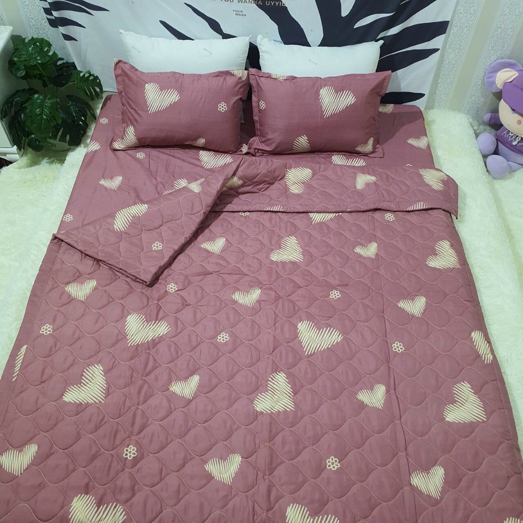 Set 4 Món Ga Gối Kèm Chăn Hè Trần Bông 3 Lớp Mẫu Trái Tim Phối Hồng Mới Về