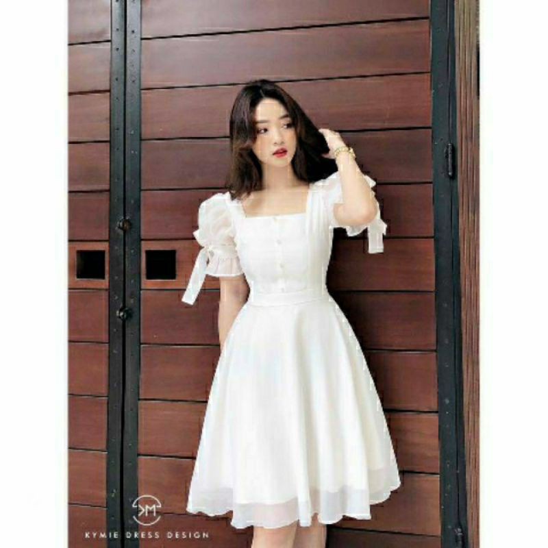 Đầm Xoè Công Chúa Tay Lỡ Cột Nơ Đầm Voan Trắng