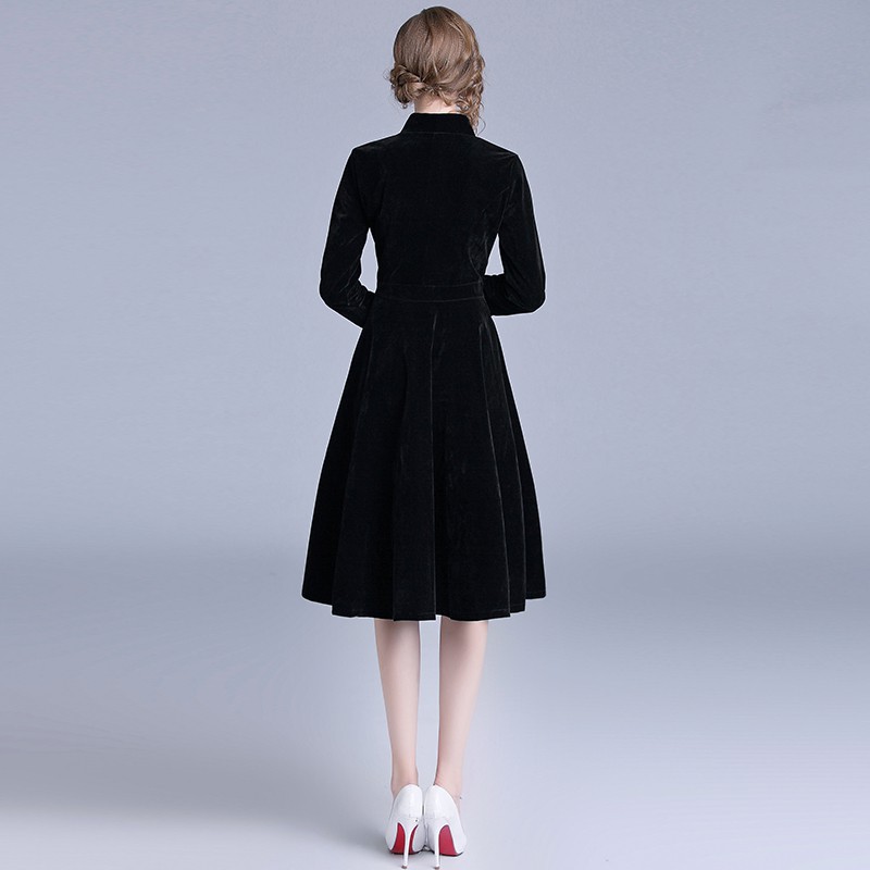 Women's Vintage High Quality Black Velvet Party Midi Dress | BigBuy360 - bigbuy360.vn