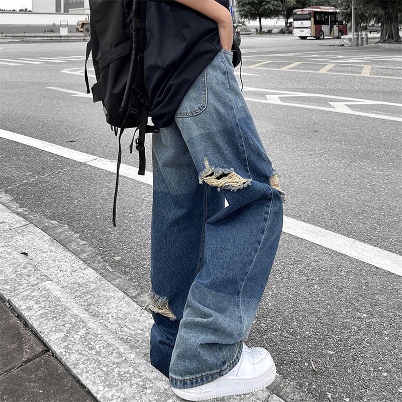 Quần baggy rách oversize unisex phong cách Hàn Quốc Quần hiphop thời trang quần jean nam rách gối from rộng Quần bò rách gối