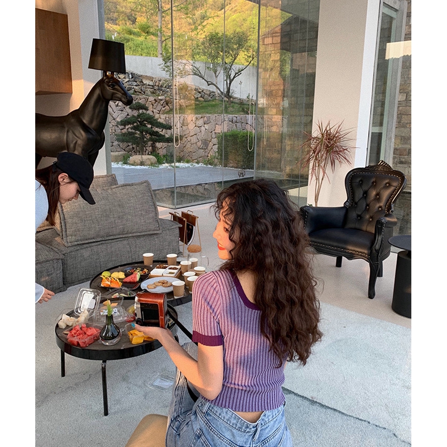 SUXI Áo Kiểu Tay Ngắn Cổ Vuông Họa Tiết Kẻ Sọc Thời Trang Cho Nữ