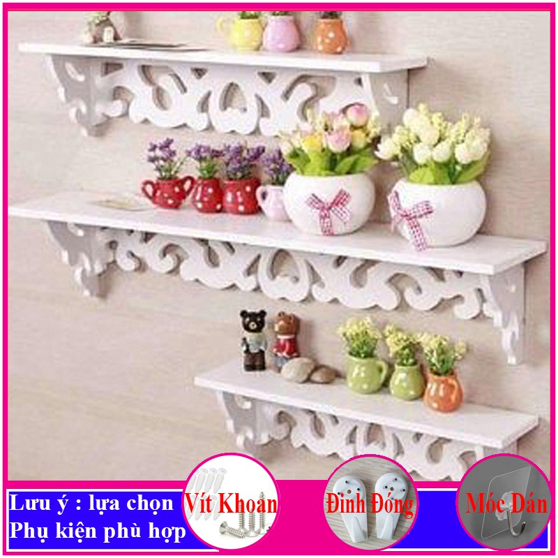 Bộ 3 Kệ treo tường trang trí không cần khoan, chất liệu gỗ nhựa cao cấp màu trắng, decor không gian sống - a14