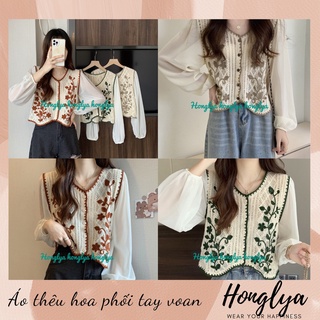 Áo len phối tay ren bồng thêu hoa xinh xắn