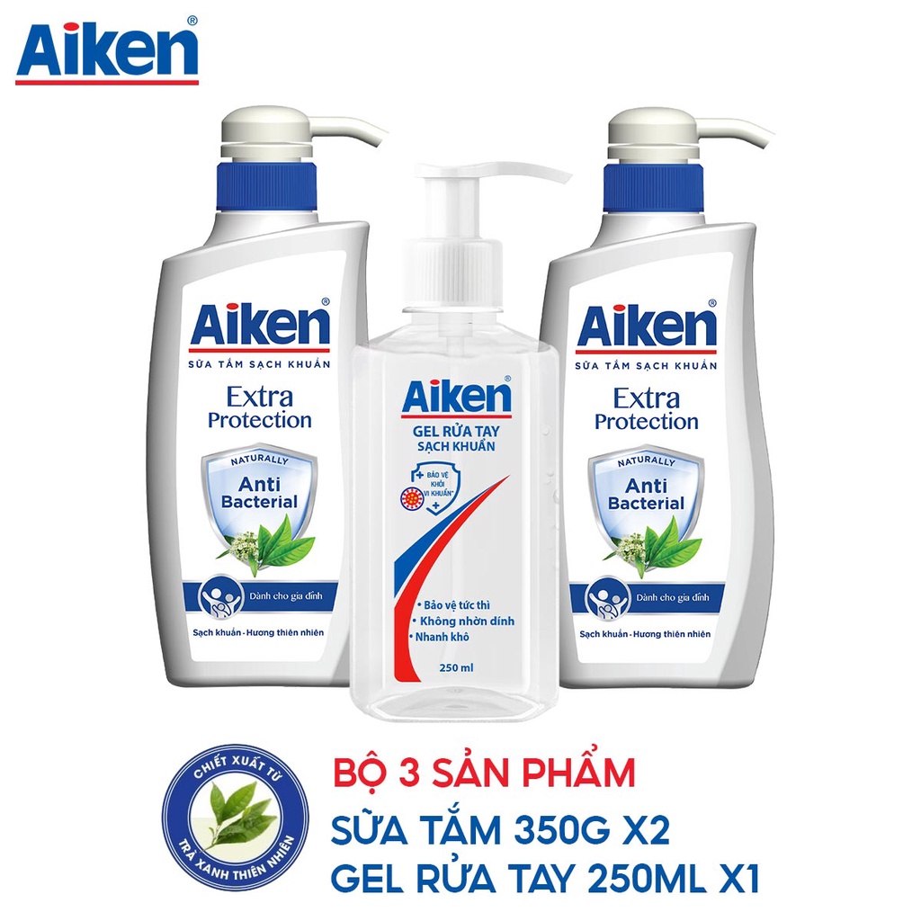 Bộ 3 sản phẩm Aiken sạch khuẩn: 2 sữa tắm trà xanh 350g + gel rửa tay 250ml