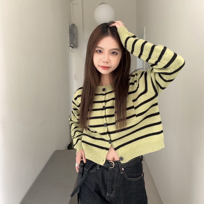 Áo khoác len cardigan ZHELIHANGFEI tay dài họa tiết kẻ sọc ngang phong cách retro dễ phối đồ